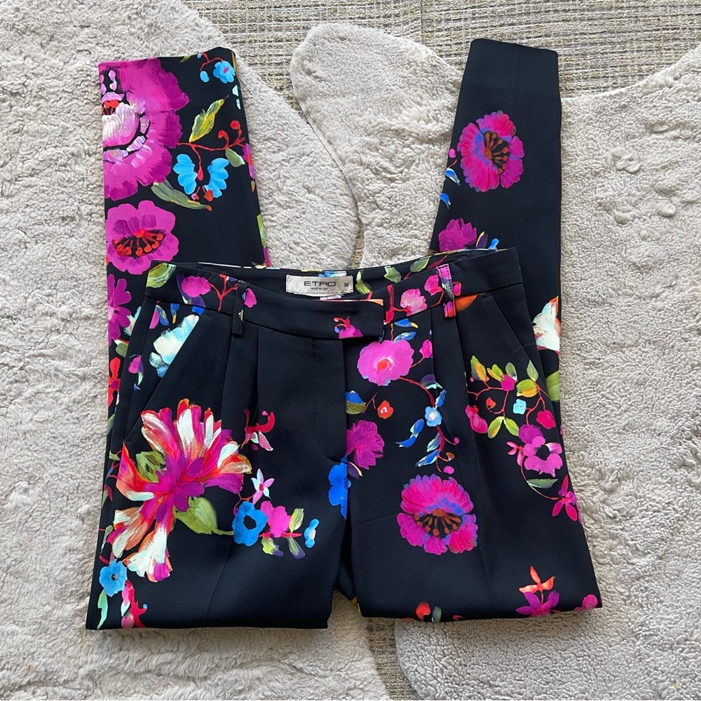 Etro Black Straight Leg Pants with Floral Design - Picture 2 of 8